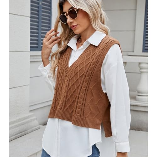 Image of Blostirno Women's Sweater Vest V Neck Sleeveless Casual Ribbed Cable Cropped Pullover Vests Argyle Plaid Knit Tank Tops