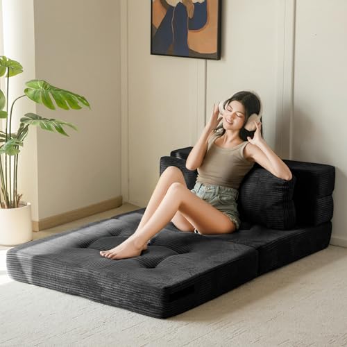 Image of MAXYOYO Convertible Sofa Bed, Fold Out Loveseat Sofa Couch with Pillow, 4 in 1 Tufted Folding Couch Bed Foam Floor Couch, Lazy Chair for Living Room Bedroom Guest Room, Black
