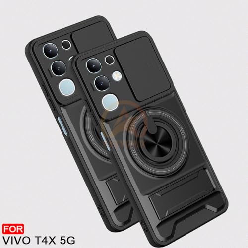 Image of Vivo T4X / Z10X / Y31 Pro 5G Back Cover | Armor Camera Slider 360 Degree Rotating Finger Ring Holder Case with Bracket Stand Back Case Cover (Compatible with MagSafe Accessories) (Black)
