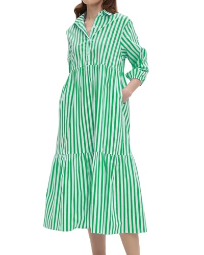 Image of EZAPINE Womens Babydoll Striped Shirt Midi Dress Puff Long Sleeve Collared Button Tunic Flowy Swing Dresses