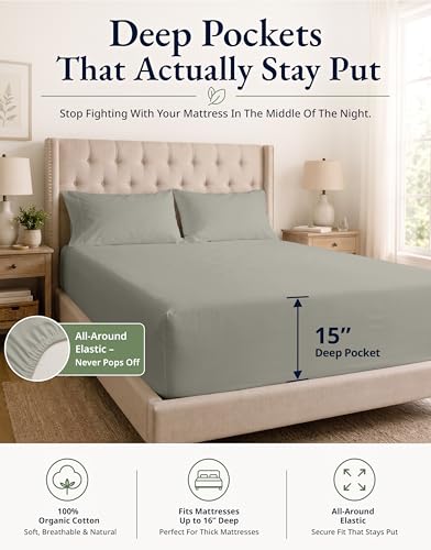 Image of LANE LINEN 100% Organic Cotton Twin Fitted Sheets, 2-Piece Set (1 Fitted Sheet, 1 Pillowcase), Percale Weave, Lightweight, Ultra Soft, Breathable, Fits Mattress Upto 15 inch Deep - Silver (No Flat Sheet)