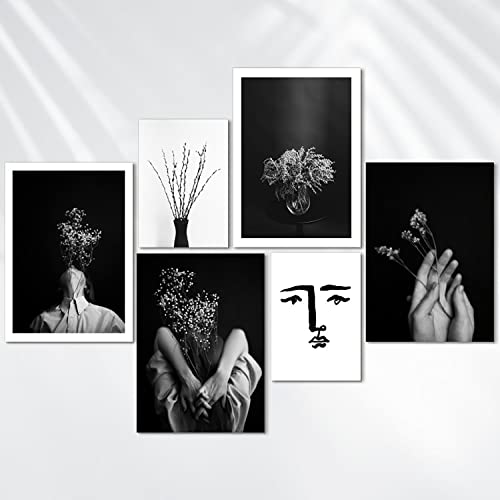 AREDE Set de 6 Cuadros Decoración Pared Modernos Retratos en blanco y negro | 4 x A4 (21 x 30cm) + 2 x A5 (15 x 21cm) | Listo para Colgar Láminas Decorativas Salón y Dormitorios | Sin marcos
