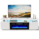INMOZATA Electric Fire Insert TV Stand, 179cm Media Console Storage Table & 92cm Electric Fireplace with Remote Control, 12 LED Backlight, 12 Flame Colors, Temperature Adjustable, 900W&1800W-White