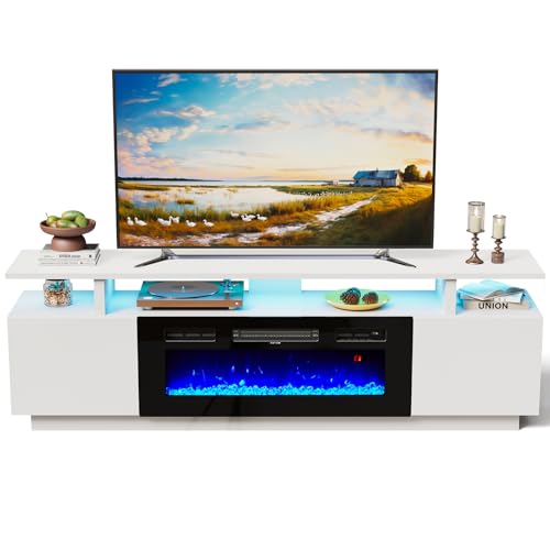 INMOZATA Electric Fire Insert TV Stand 179cm Media Console Storage Table & 92cm Electric Fireplace with Remote Control 12 LED Backlight 12 Flame Colors Temperature Adjustable 900W&1800W-White
