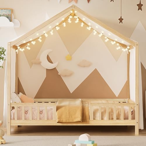 Image of Twin Size Wood House-Shape Platform Bed with Roof Frame and Canopy, Montessori Floor Bed with High Railings and Slat Support for Kids Girls Boys, No Box Spring Needed (Natural-05, Twin)