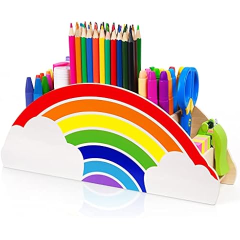 GAMENOTE Wooden Pen Holder & Pencil Holders - Rainbow Supply Caddy Phone Holder Desk Organizer for Office Supplies Makeup Brush Classroom Organization for Women & Kids Cover