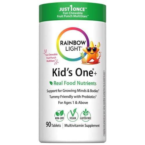 Rainbow Light Kids One + Multivitamin | 90 Tablets | for Ages 1+ | Tummy Friendly with Probiotics | Fruit Punch Flavor | Vegan, Non-GMO & Gluten Free