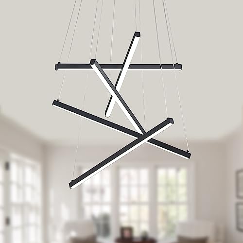 Hongren Modern Led Chandelier, 5 Lights Linear Pendant Lighting Black Adjustable Ceiling Light Fixture For Dining Room Living Room, Cool White 6000K, 60W, Adjustable Shape #TOP1