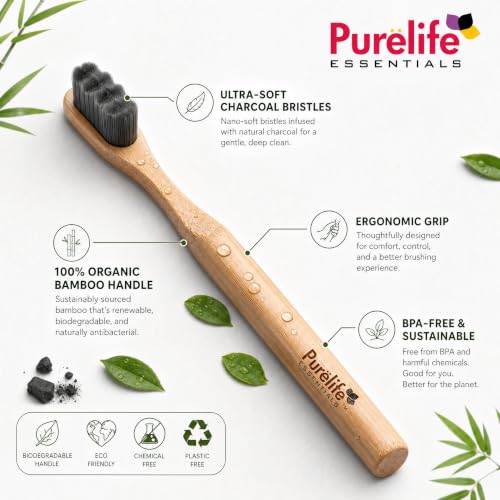 Image of Purelife Essentials Nano Bamboo Toothbrush | Ultra Soft Charcoal Infused Floss-Tip Bristles, BPA-Free, Sustainable Bamboo Handle, Eco-Friendly Packaging, Gentle Deep Cleaning for Sensitive Teeth & Gums for Unisex