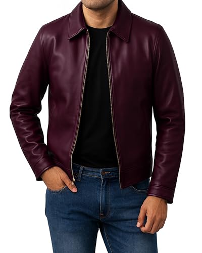 Image of Jild Polo Collar Premium Leather Jacket Men - Old School Classic Style Everyday Wear Real Lambskin Mens Leather Jacket