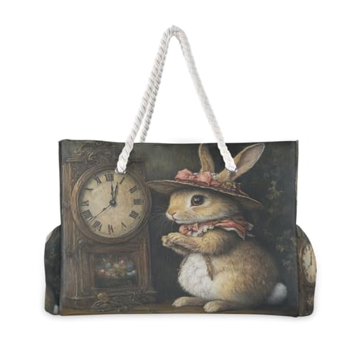 Rabbit and Clock Beach Bag & Travel Tote Bag Large Sandproof with Zipper Closure, Wet Pouch for Swim Gym Travel, Lightweight Foldable Outdoor Bag2