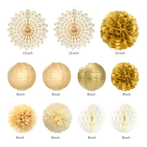 Image of Beige-Gold Happy Retirement Party Decorations Banner Women Men Huglony | 21pcs Retiree Farewell Banner,Streamers,Paper Lanterns,Pom Poms Fans,Work Teacher Retirement Supplies Backdrop Favors