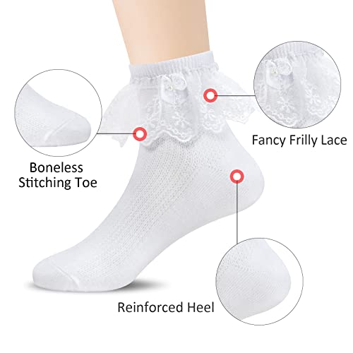 4/6 Pack Baby Toddler Girls Ruffle Socks White Lace Ruffle Frilly Princess Eyelet Cotton Ankle Dress Socks for Little Kids4