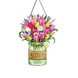 VARACL Decoraciones de primavera de madera, coronas de puerta de primavera de tulipanes para puerta delantera, porche, ventana, decoración para colgar en la pared, decoración floral de bienvenida para