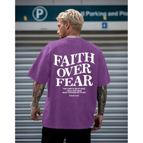 Image of Christian Faith Over Fear Shirt for Men Jesus Religious Shirts Oversized Graphic Tees Acid Wash God T-Shirt