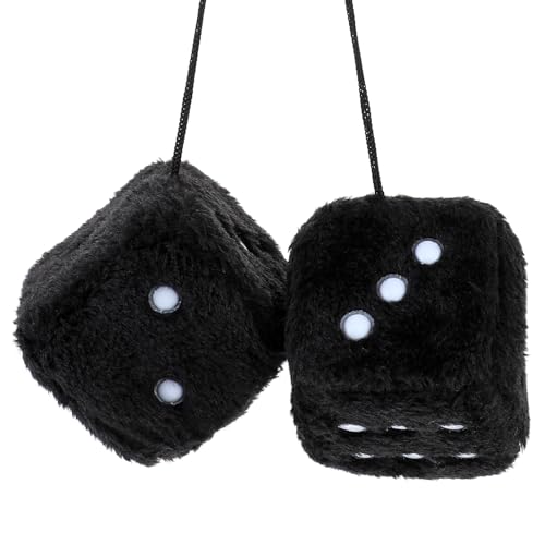 1 Pair 3 Black Fuzzy Plush Dice Retro Square Car Dice with White Dots Cute Soft Plush Rearview Mirror Decor Rear View Mirror Hanging Accessories for Car Interior Ornament Decoration
