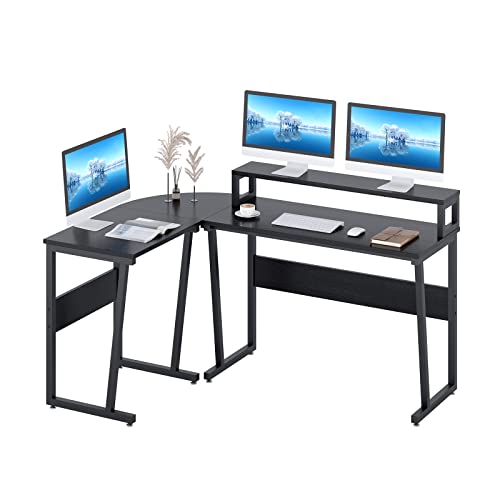 TREETALK Computertisch, L-förmiger Eckschreibtisch mit großem Monitorständer, umschaltbarer PC Laptop Tisch, Gaming Schreibstation für Home Office (Schwarz) Cover