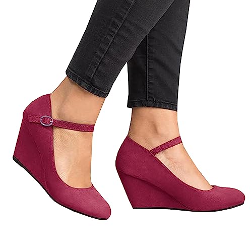 Image of Coutgo Womens Wedge Pumps Dressy Mary Jane Shoes Comfort Wedges Closed Toe Ankle Strap Heeled Shoes