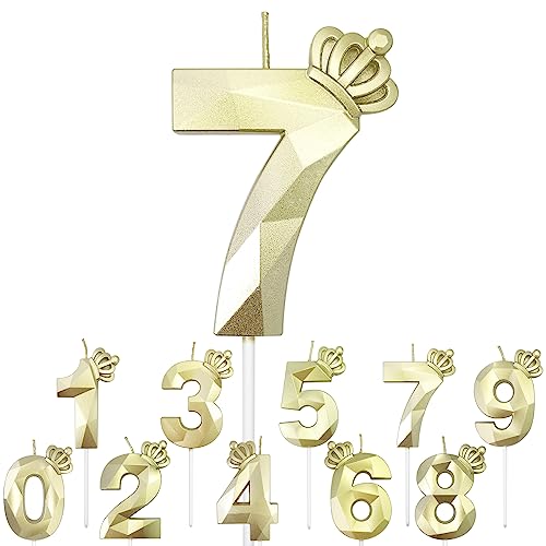 Crown Number Candle 3inch Gold Candle 7 3D Diamond Shape Plus Crown Design Crown Birthday Candle Suitable for Birthday Parties Anniversary Cake Decorations