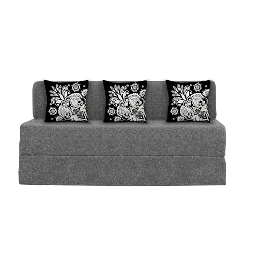 Image of Rosebell Three Seater Sofa Cum Bed | Jute Fabric Washable Cover | with 3 Printed Cushions Perfect for Guest | Grey | 5' X 6' Feet
