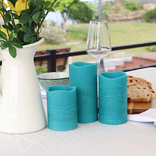 Image of Rhytsing Turquoise Battery Operated Flameless Led Candles with Timer Function for Summer and Weddings, Warm White Light, Real Wax Finish, 6 Batteries Included - Set of 3