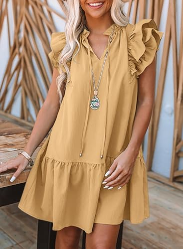Image of Dokotoo Womens Summer Dresses 2026 V-Neck Drawstring Ruffle Cap Short Sleeve Side Pockets Mini Dress Sundress
