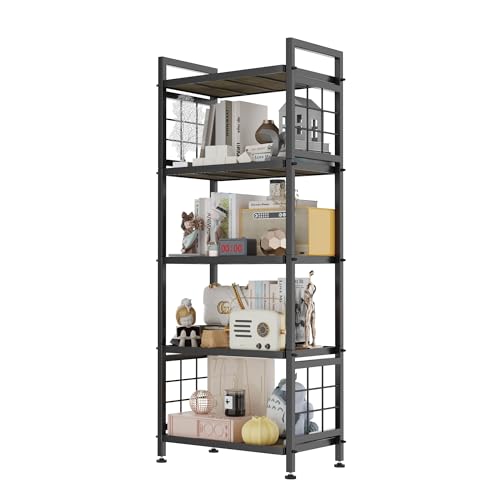 GIOTORENT 5-Tier Pantry Shelves with Wooden Boards, Heavy Duty Storage Shelves & Book Shelf, Adjustable Metal Shelving Unit for Kitchen Bathroom Laundry Organizer, Sturdy Rust-Resistant, Black