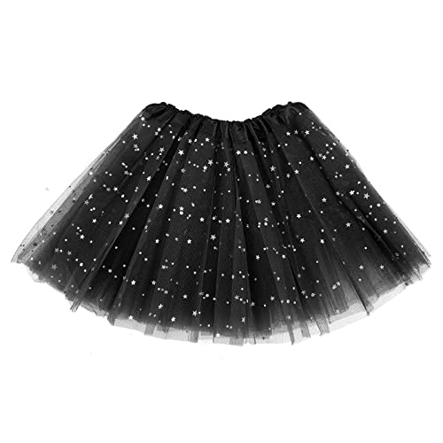 WLLHYF Falda tutú para niña 3 Capas con Lentejuelas de Tul y Estrellas tutú de Baile Falda de Princesa de Navidad para niña de 2 a 8 años Negro