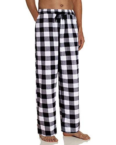 Alimens & Gentle Mens Flannel Plaid Pajama Pants Heavyweight Cotton Bottoms Lounge Pant Sleepwear PJs with Pocket White Black Medium