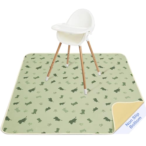 Image of Basumee Splat Mat High Chair Mat Waterproof Baby Play Splat Mat for Under High Chair Food Catcher Highchair Mat for Floor Non Slip Bottom, Light Green Dinosaur, 46x42 Inches