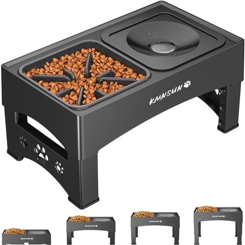 Image of KMNSUN Elevated Dog Bowls, 3-in-1 Elevated Slow Feeder Dog Bowls with No Spill Water Bowls, 4 Height Adjustable Raised Dog Bowls, Vertical Texture Design, Prevent Food from Flying Out-Black