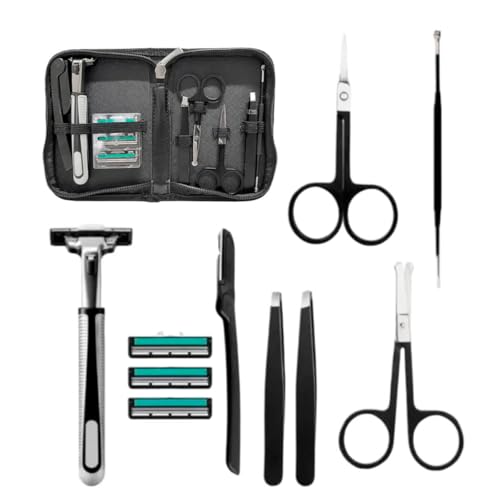 Kit Design de Sobrancelhas Profissional, 10 Peças, Estojo com Pinças, Tesouras e Lâminas, Preto