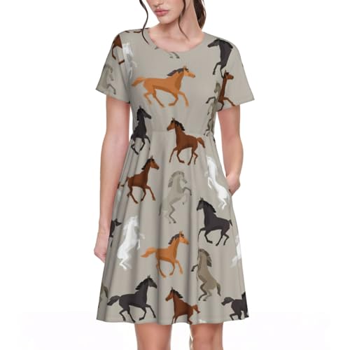 Robe d'été à manches courtes imprimée cheval, vêtement léger et élégant