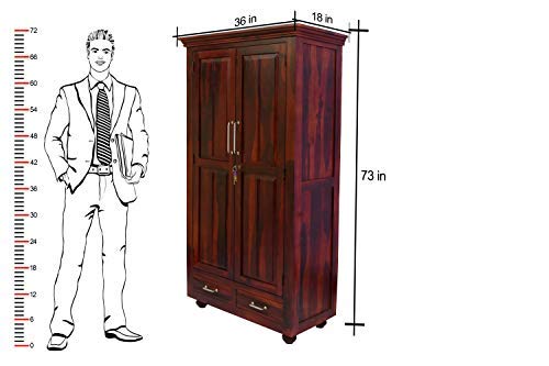 Image of Sheesham Wood Wardrobe with 2 Door and 2 Drawers Storage for Clothes Solid Wood Almari for Living Room Bedroom Home Wooden Furniture