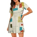 Mid Century Modern Womens Short Sleeved Nightshirts,Ladies Loose Round-Neck Sleepwear Pajama Dress Black