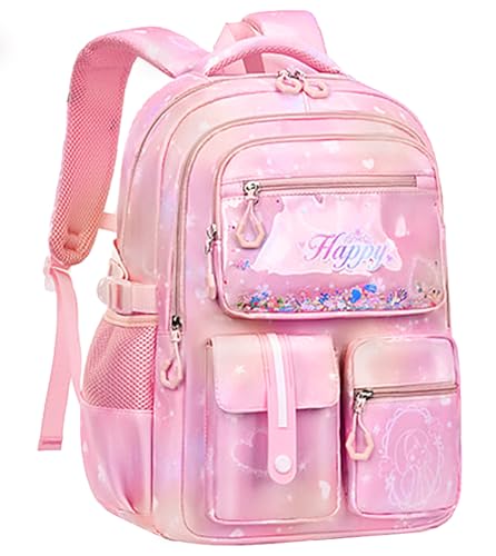 MCWTH Backpack for Teen Girls, Kawaii Cute Kids Elementary Student School Backpacks (Happy Pink)