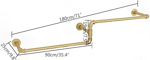 Miniatura 5 de Estante de ropa industrial de 71 pulgadas montado en la pared con sistema de estantes colgantes, estante de ropa dorado para boutique, exhibición al