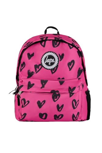 hype Unisex Backpack, Black with Pink Iconic Glitter Scribble Hearts, School Bag for Kids, Comfortable Rucksack with Bottle Holder, 3 Storage Compartments, Padded, Adjustable Straps & Grab Handle
