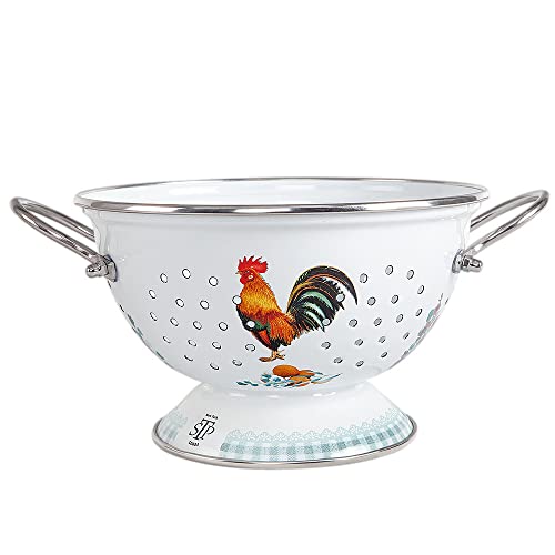 Enameled Aluminum Fine Mesh Strainer Drainer for Food Enamel Colander/Strainer 2.6 Qt (2.5 L) Pasta Drainer with Handle Rice Strainer (Golden Rooster)