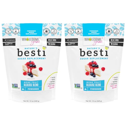 Wholesome Yum Besti Natural Powdered Sugar Substitute - Keto Confectioners Monk Fruit Sweetener Blend With Allulose (No Erythritol) - Non GMO, Zero Carb, Zero Calorie, No Aftertaste (12 oz, 2 Pack)