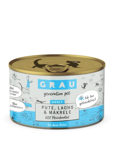 GRAU – das Original – Nassfutter für Katzen - Pute, Lachs, Makrele, 6er Pack (6 x 200 g), getreidefrei, für Erwachsene Katzen