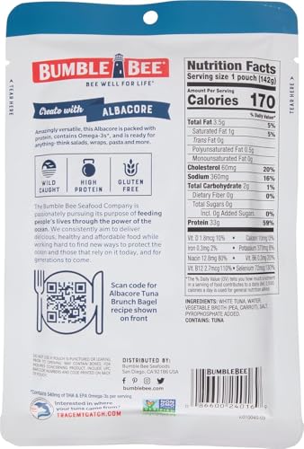 Image of Bumble Bee Chunk White Albacore Tuna in Water, 5 oz Pouches (Pack of 12) - Ready to Eat Wild Caught Tuna Packet - 33g Protein per Pouch, High in Omega-3s - Non-GMO, Gluten Free, Kosher
