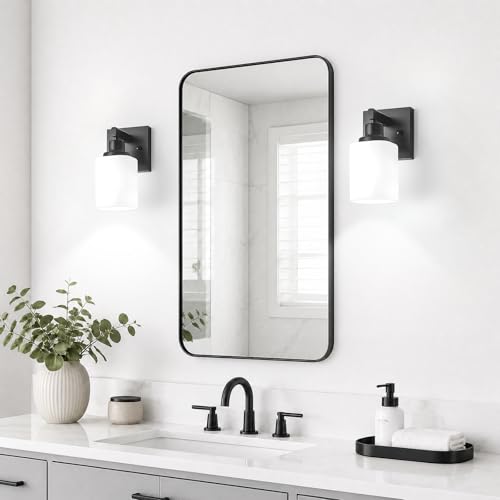 Image of Set of 2 Wall Sconces for Bathroom, Black Bathroom Vanity Light,Modern Wall Sconces Indoor with Square Frosted Glass,Farmhouse Wall Lamp for Bedroom Living Room Mirror Hallway