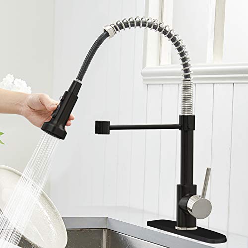 Besy Commercial Kitchen Faucet With Pull Down Sprayer, High-Arc Single Handle Single Lever Spring Rv Kitchen Sink Faucet With Pull Out Sprayer, 3 Function Laundry Faucet, Matte Black&Brushed Nickel #TOP4