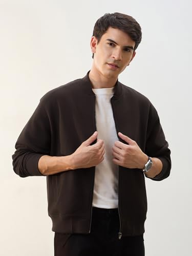 Image of Nobero Men's Premium Fleece Bomber Jacket | 280 GSM Fabric | Regular Fit Zip-Up Outerwear | Shirt Collar | Ribbed Cuffs & Hem | Casual Winter Layering Jacket