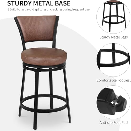 Bar Stools, 25\" Swivel Bar Stools with Back, Counter Height Bar Stools Set of 2, Round Swivel Bar Chairs with Backs, Modern Upholstered Metal Barstools for Kitchen Island, Kitchen Counter, Brown - Thumbnail 6