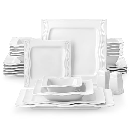 MALACASA, Dinner Sets for 6 People, Series Mario, 28-Piece White Porcelain Dinner Set with Bowls*6, Dessert Plates*6, Soup Plates*6, Dinner Plates*6, 1 Salt Shaker Set, Rectangular Plates*2