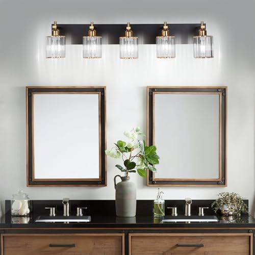 Image of She's home 5-Light Vanity Lights for Bathroom: Black Gold Vanity Lights with Crystal Glass Shade, Modern Crystal Bathroom Light Fixtures Over Mirror, 34inch Black Gold Wall Sconce for Bath, E26 Base