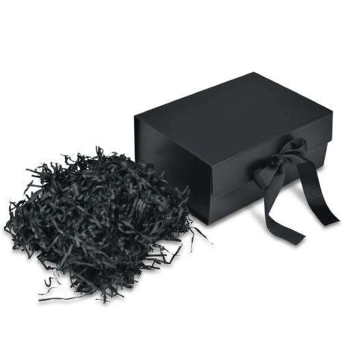 Image of RBS - Black Gift Box with Filler 23x16x10cm Empty Hamper Box for Gifting Holds Upto 5kg Sturdy Cardboard Gift Boxes 25g Decorative Shredded Paper Birthday, Christmas, Diwali Packing (Black Filler)
