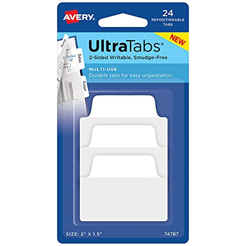 Image of Avery Ultra Tabs, 2 inch x 1.5 inch Repositionable, White, 24 Tabs | For Marking Pages in Books and Planners, Clear Film Body, Two-Side Writable, Repositionable Smudge-Resistant Tabs